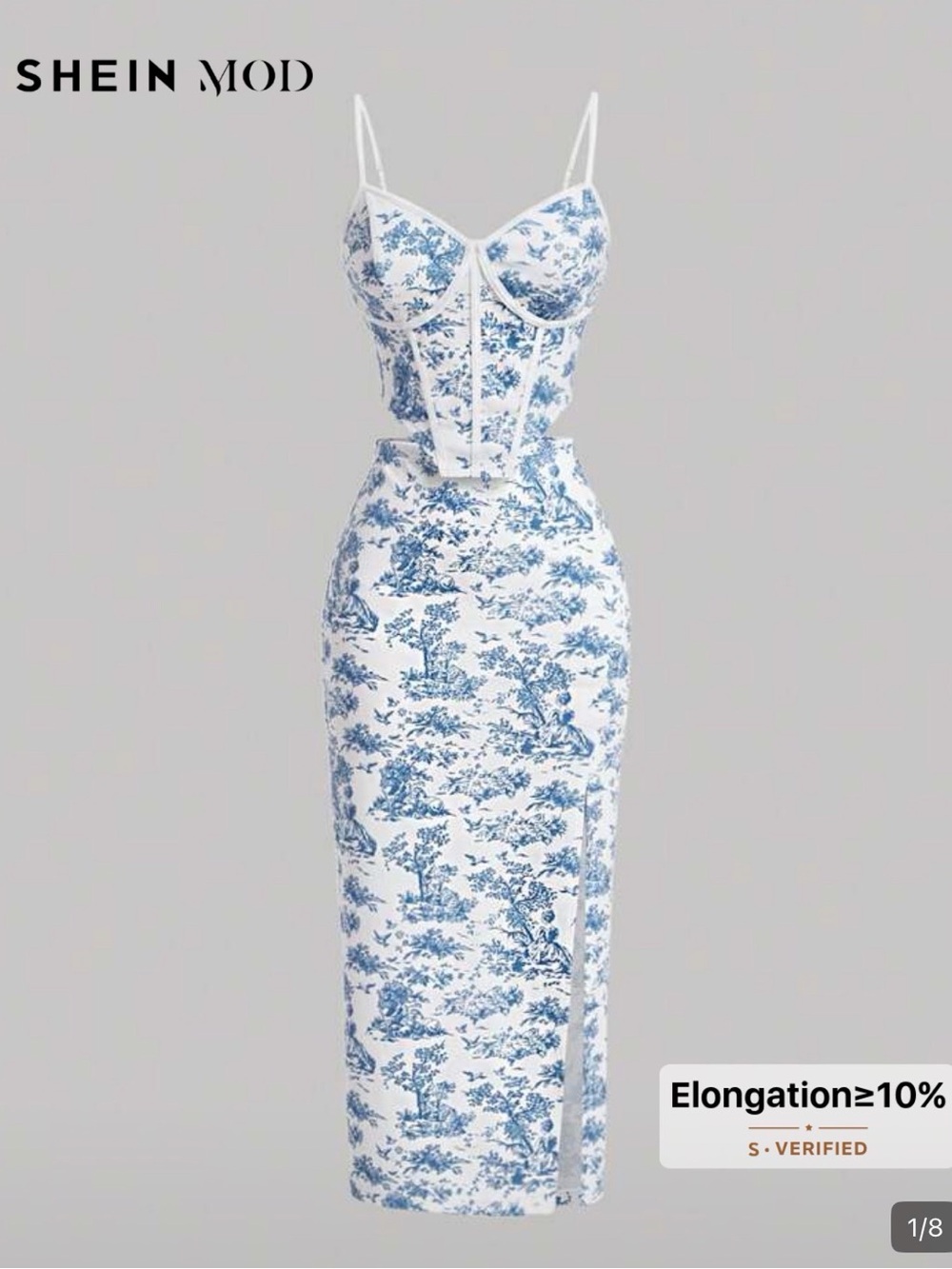 SHEIN Blue & White Toile Corset Midi skirt set with Spaghetti Straps